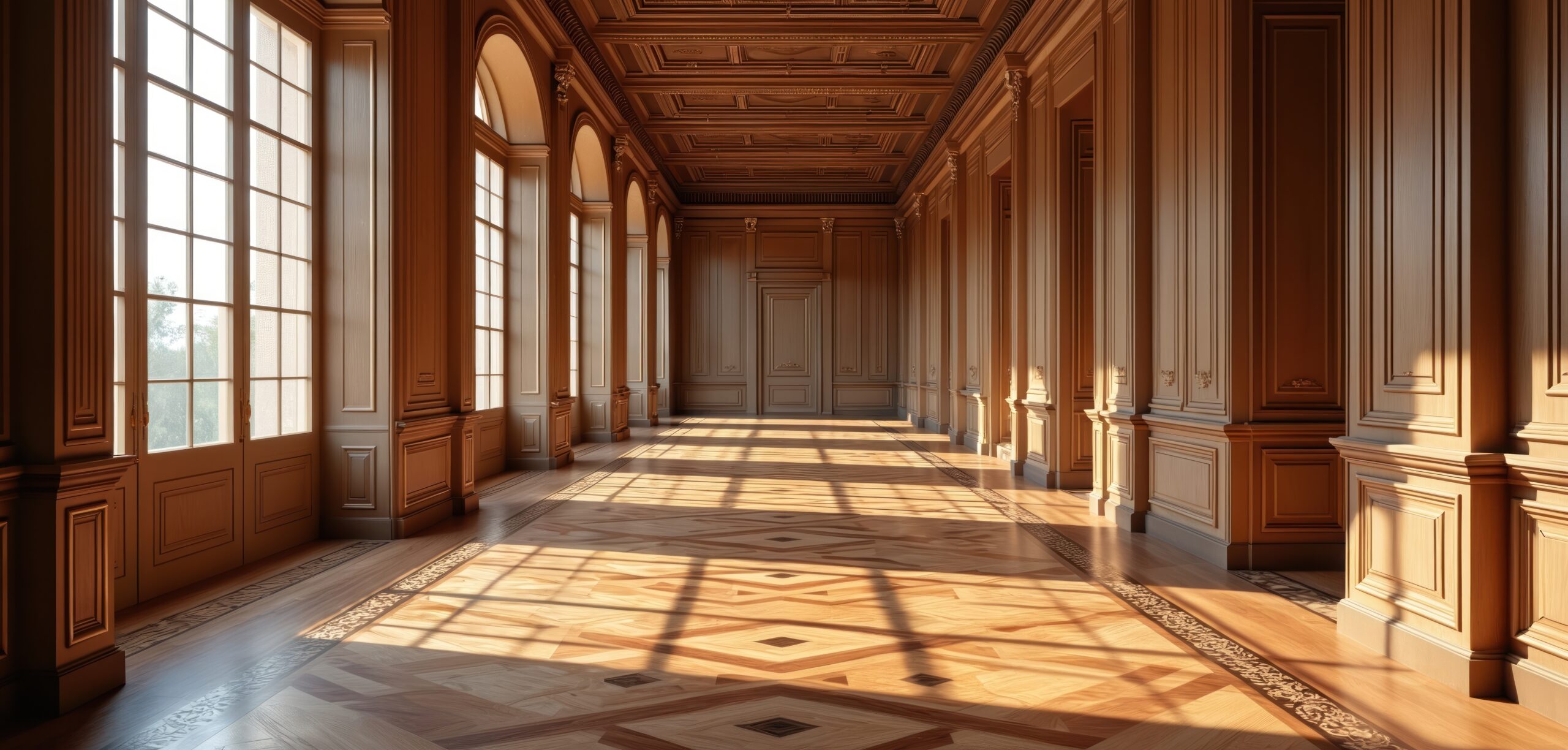 Spacious villa hall with ornate wood paneling and grand arched windows Sunlight streams onto geometric parquet floor creating dramatic shadows Classic luxury interior | Conerum