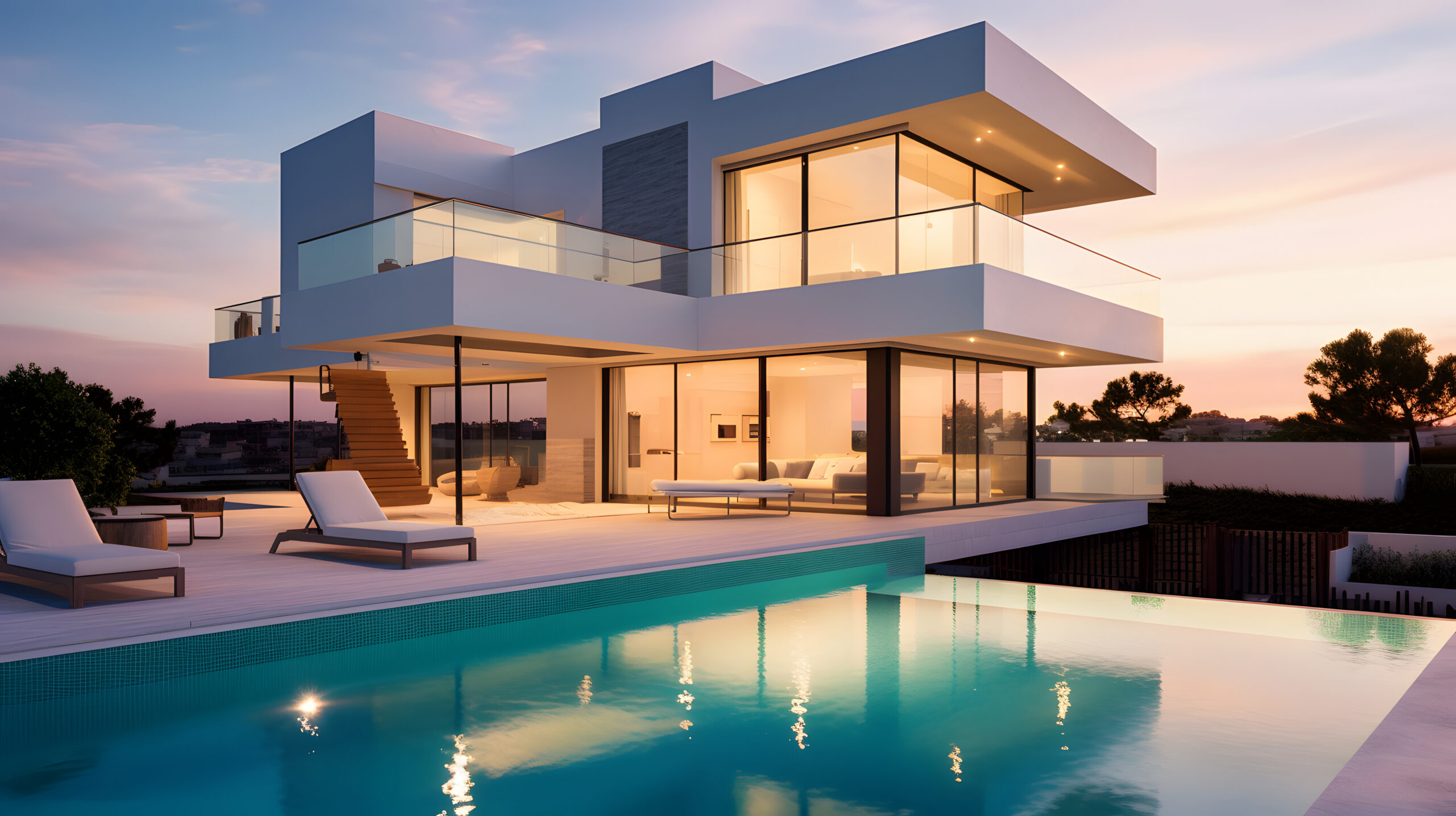 Exterior of modern minimalist cubic villa with swimming pool at sunset | Conerum